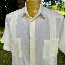 Load image into Gallery viewer, 1980's Vintage Guayabera Embroidered Pockets Yellow Cream S/S Shirt Sz L - OOAK - Phoenix Menswear