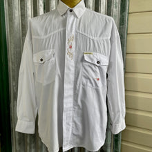 Load image into Gallery viewer, 1990's Vintage Crisp White Embroidered Red Gold Cotton L/S Shirt Sz M - OOAK - Phoenix Menswear
