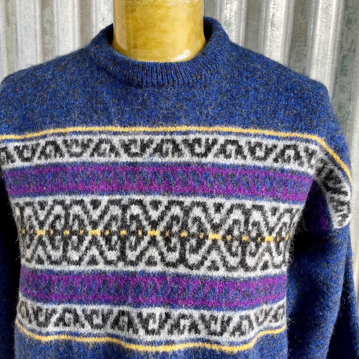 1990 s Vintage Wool Jumper Blue Purple Grey Black Yellow Made in Engla Phoenix Menswear