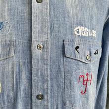 Load image into Gallery viewer, 1970's Vintage Hand Embroidered Blue Denim L/S Shirt Pockets Cotton Chicago Jesus Aeroplane Sz M - OOAK - Phoenix Menswear