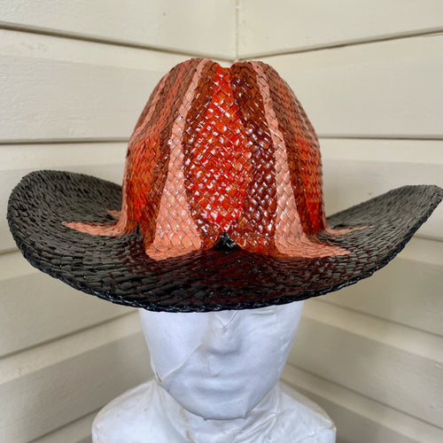 Hand Painted Straw Cowboy Sun Hat Black Orange Peach Brown Abstract Design Sz S/M - OOAK - Phoenix Menswear