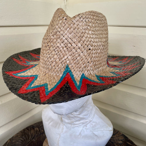 Hand Painted Straw Cowboy Sun Hat Black Red Turquoise Zig Zag Design Sz M/L - OOAK - Phoenix Menswear