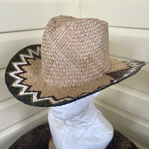 Hand Painted Straw Cowboy Sun Hat Black White Gold Zig Zag Design Sz S/M - OOAK - Phoenix Menswear