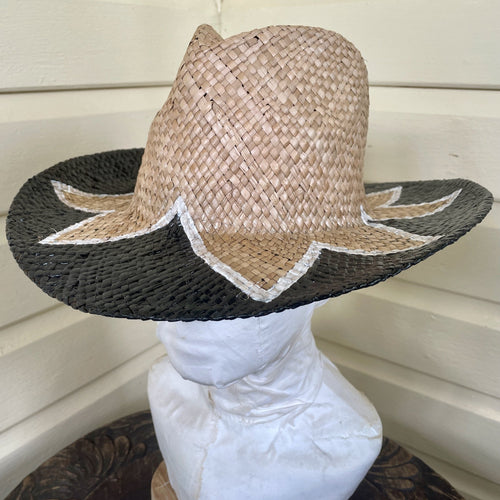 Hand Painted Straw Cowboy Sun Hat Black White Zig Zag Design Sz M/L - OOAK - Phoenix Menswear