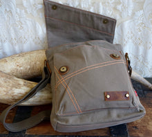 Load image into Gallery viewer, Medium Khaki Canvas Shoulder Bag Leather Trim Magnetic Closure - Phoenix Menswear