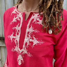 Load image into Gallery viewer, Red Silk Embroidered Blouse Boho Cream 3/4 Sleeve Sz S - OOAK - Phoenix Menswear