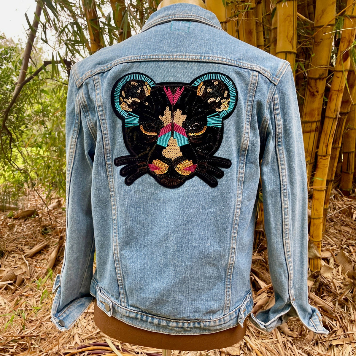 Upcycled Vintage Denim Jacket Tiger Cat Sequin Patch Immortal Kraft Sz Phoenix Menswear