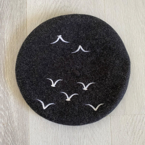 Wool Beret - Charcoal with Birds Hand Felted - Phoenix Menswear