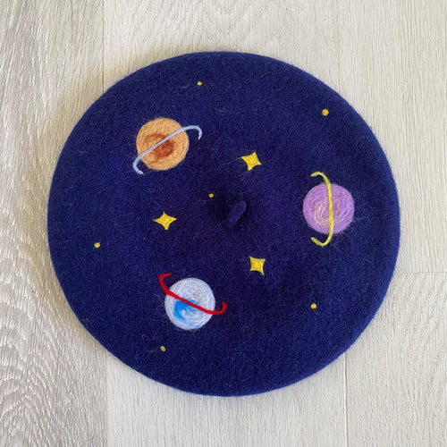 Wool Beret - Navy with Planets Hand Felted - Phoenix Menswear