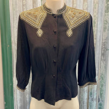 Load image into Gallery viewer, 1950's Vintage Handmade Black Crepe Button Up Blouse Gold Embroidery Sz XS - OOAK - Phoenix Menswear