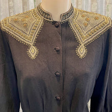 Load image into Gallery viewer, 1950's Vintage Handmade Black Crepe Button Up Blouse Gold Embroidery Sz XS - OOAK - Phoenix Menswear
