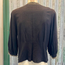 Load image into Gallery viewer, 1950's Vintage Handmade Black Crepe Button Up Blouse Gold Embroidery Sz XS - OOAK - Phoenix Menswear
