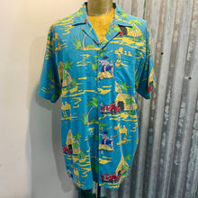 Load image into Gallery viewer, 1970's Vintage Aqua Blue Cotton Blend Cartoon Desert Designs Shirt S/S Sz 2XL - OOAK - Phoenix Menswear
