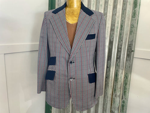 1970's Vintage Blazer Check Navy Blue White Red 2 Button Sz M - OOAK - Phoenix Menswear