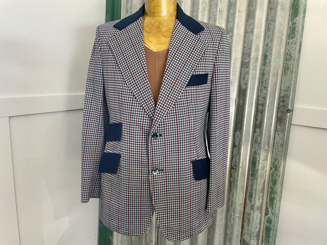 1970's Vintage Blazer Check Navy Blue White Red 2 Button Sz M - OOAK - Phoenix Menswear
