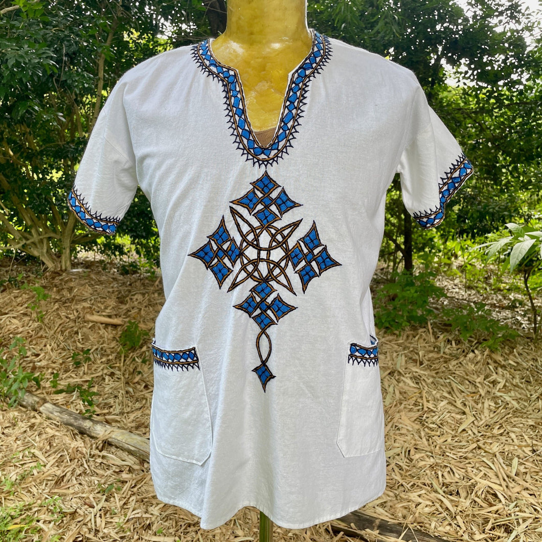 1970's Vintage Guatemalan Handmade Embroidered S/S Shirt White Blue Sz S - OOAK - Phoenix Menswear