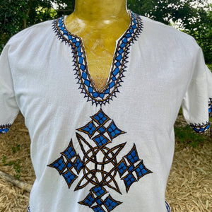 1970's Vintage Guatemalan Handmade Embroidered S/S Shirt White Blue Sz S - OOAK - Phoenix Menswear