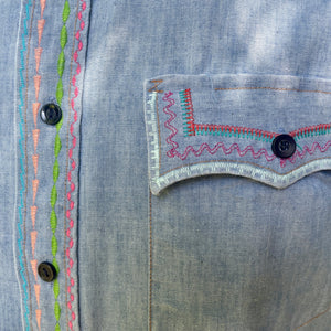 1970's Vintage Hand Embroidered Blue Denim L/S Shirt Pockets Cotton Sz M - OOAK - Phoenix Menswear