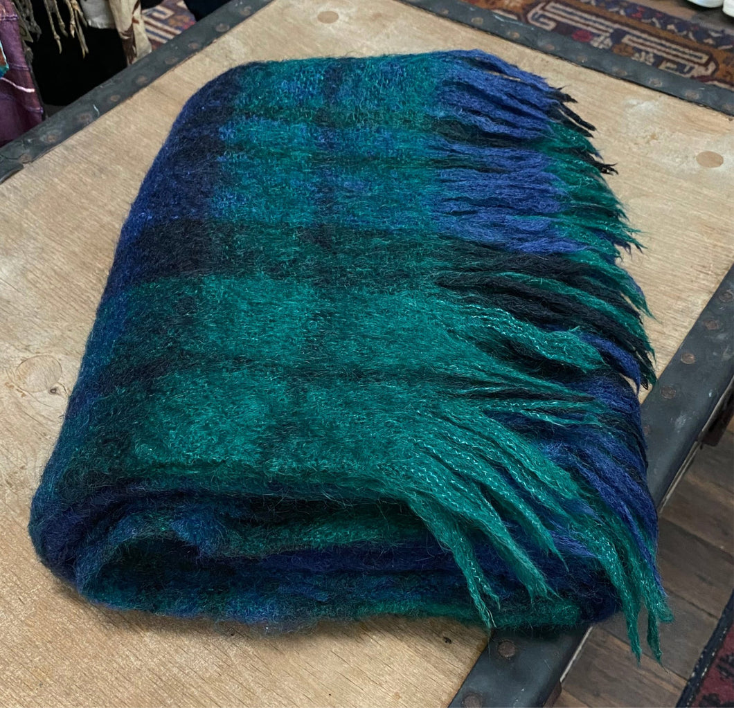 1970's Vintage Mohair Blanket 'St Albans' Made in Australia Throw Knee Warmer Green Blue Black Fringed - OOAK - Phoenix Menswear