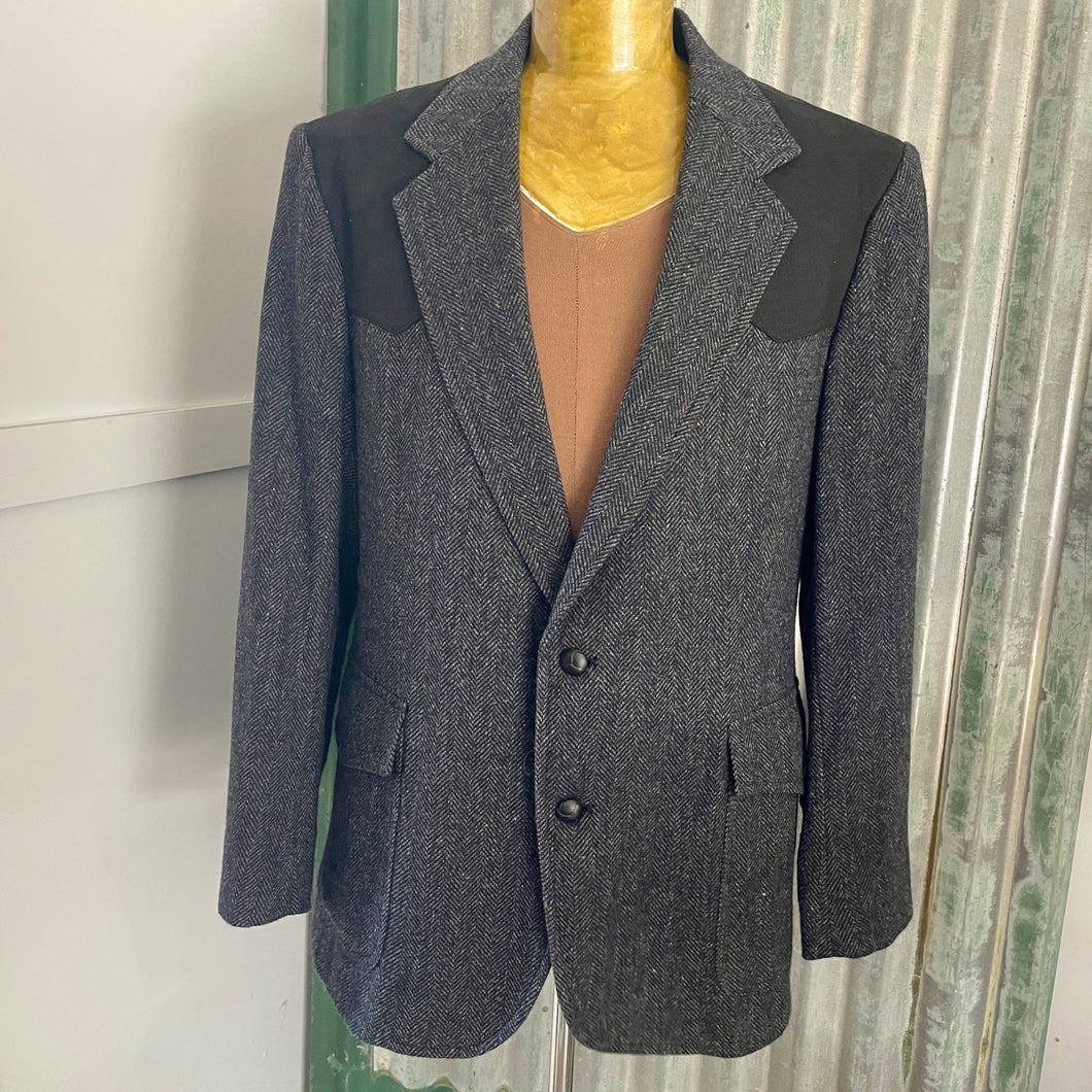 1970's Vintage Pendleton Wool Blazer Herringbone Grey Elbow Patches 2 Button Made in the USA Sz 44 - OOAK - Phoenix Menswear