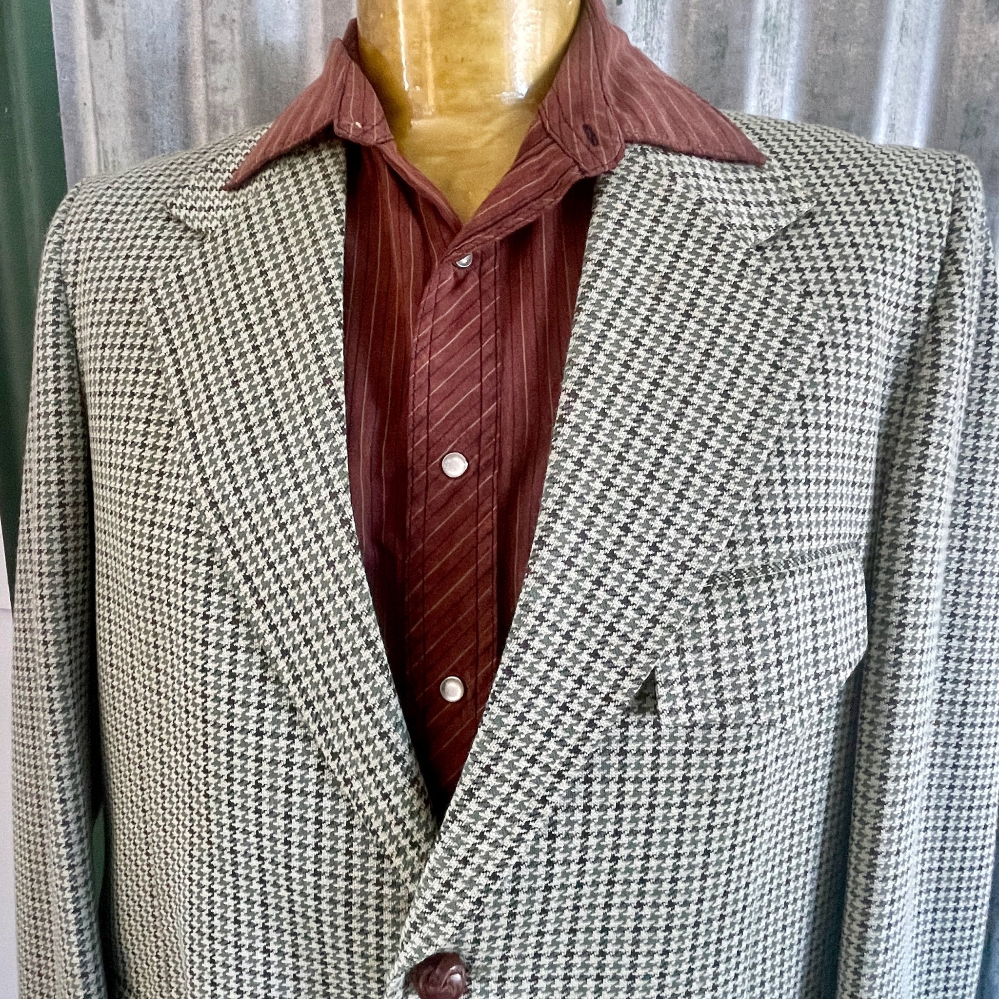 1970's Vintage Retro Men's Check Blazer Green Houndstooth Sz M