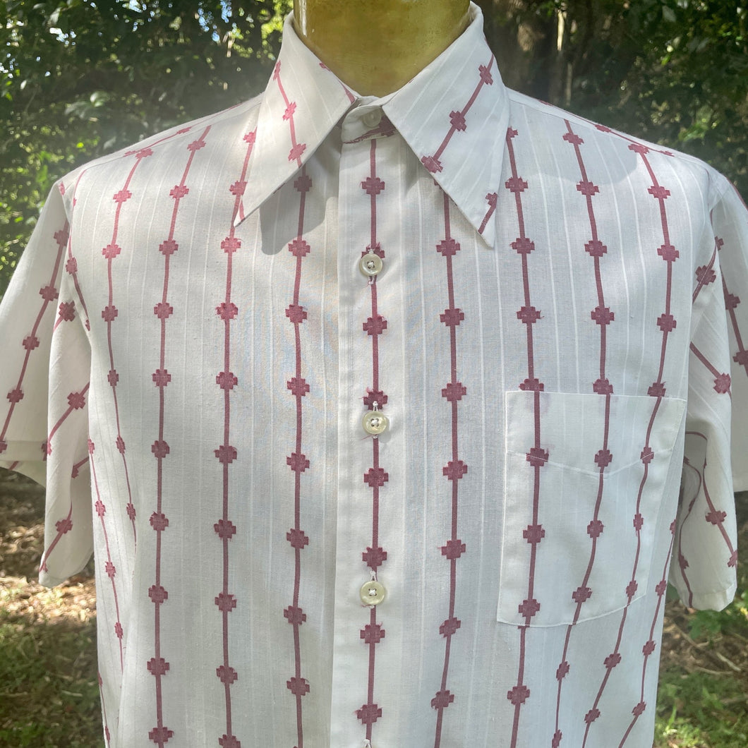 1970's Vintage White Burgundy Geometric Design Shirt S/S Sz L - OOAK - Phoenix Menswear