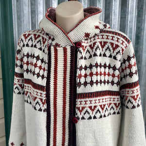 1970's Women's Hooded Knit Cardigan Belted Pockets Cream Brown Geometric Design Jumper Sz S - OOAK - Phoenix Menswear