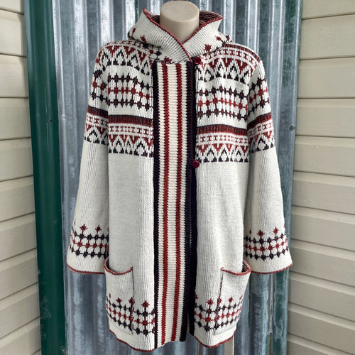 1970's Women's Hooded Knit Cardigan Belted Pockets Cream Brown Geometric Design Jumper Sz S - OOAK - Phoenix Menswear