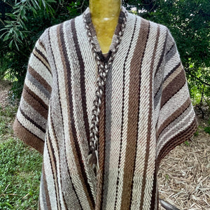1970's Wool Vintage Poncho Handmade Woven Brown Stripe V Neck One Size - OOAK - Phoenix Menswear