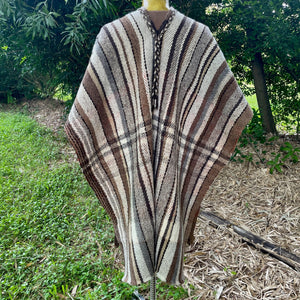1970's Wool Vintage Poncho Handmade Woven Brown Stripe V Neck One Size - OOAK - Phoenix Menswear