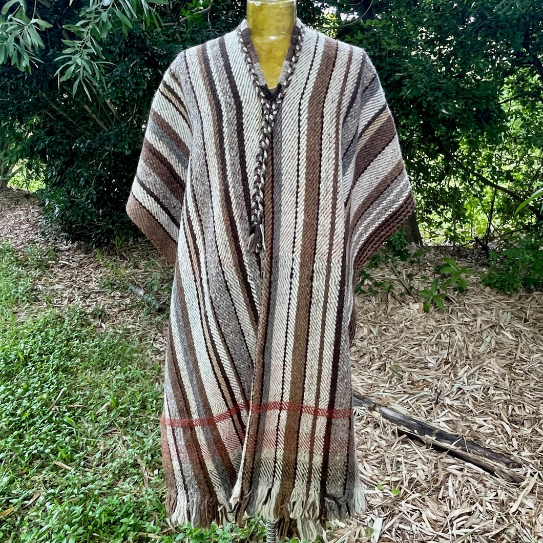 1970's Wool Vintage Poncho Handmade Woven Brown Stripe V Neck One Size - OOAK - Phoenix Menswear