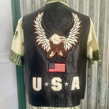 Load image into Gallery viewer, 1980&#39;s Heavy Vintage Black Leather Biker Vest Embroidered USA Flag Eagle Sz XL - OOAK - Phoenix Menswear