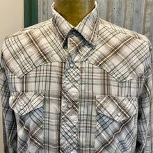 Load image into Gallery viewer, 1980's Vintage Men's Wrangler Western White Brown Blue Plaid Check L/S Shirt Sz L - OOAK - Phoenix Menswear