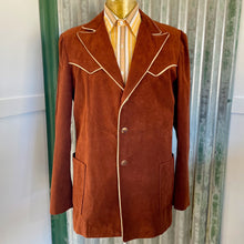Load image into Gallery viewer, 1980&#39;s Vintage Western Brown Suede Blazer Jacket Cream Piping Horse Buttons Rare Sz M - OOAK - Phoenix Menswear
