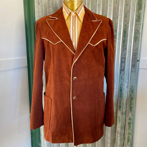 1980's Vintage Western Brown Suede Blazer Jacket Cream Piping Horse Buttons Rare Sz M - OOAK - Phoenix Menswear