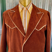 Load image into Gallery viewer, 1980&#39;s Vintage Western Brown Suede Blazer Jacket Cream Piping Horse Buttons Rare Sz M - OOAK - Phoenix Menswear