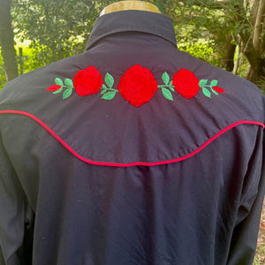 1980's Vintage Western Cattleman Shirt Black Red Roses Embroidered Shirt Snaps L/S Sz XL - OOAK - Phoenix Menswear