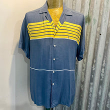 Load image into Gallery viewer, 1980's Vintage Yves Saint Laurent Paris Dusty Slate Blue Yellow Chest Stripes S/S Shirt Sz L - OOAK - Phoenix Menswear