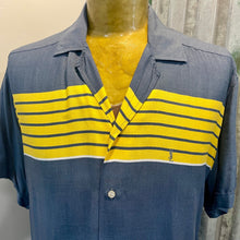Load image into Gallery viewer, 1980's Vintage Yves Saint Laurent Paris Dusty Slate Blue Yellow Chest Stripes S/S Shirt Sz L - OOAK - Phoenix Menswear