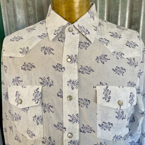1990's Floral Print Western Men's Blue White Cotton L/S Shirt Sz M - OOAK - Phoenix Menswear