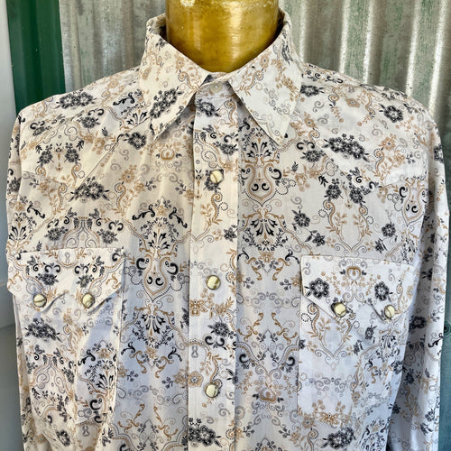 1990's Floral Print Western Men's Brown Blue White Cotton L/S Shirt Sz XL - OOAK - Phoenix Menswear