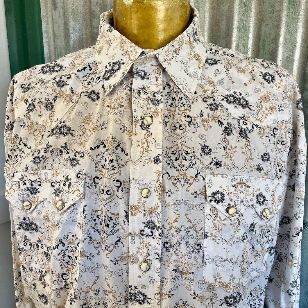 1990's Floral Print Western Men's Brown Blue White Cotton L/S Shirt Sz XL - OOAK - Phoenix Menswear