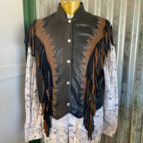 1990's Heavy Vintage Black Brown Leather Fringed Vest Sz 2XL - OOAK - Phoenix Menswear