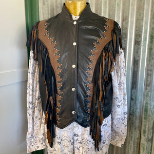 1990's Heavy Vintage Black Brown Leather Fringed Vest Sz 2XL - OOAK - Phoenix Menswear