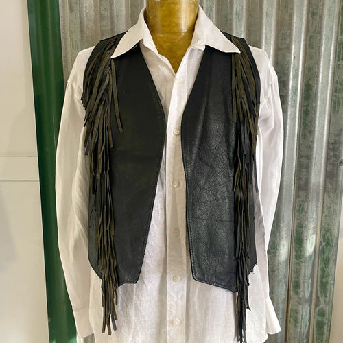 1990's Heavy Vintage Black Leather Fringed Vest Sz S - OOAK - Phoenix Menswear