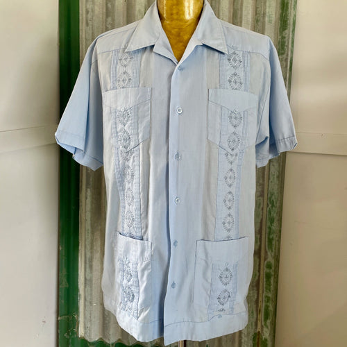 1990's Vintage Guayabera Embroidered Pockets Light Blue S/S Shirt Sz L - OOAK - Phoenix Menswear