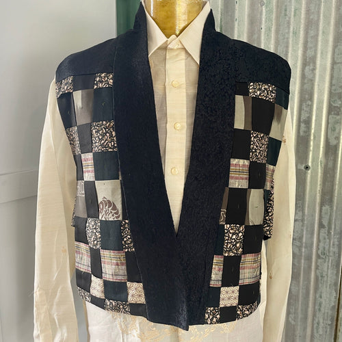 1990's Vintage Unisex Vest Patchwork Japanese Style Black Grey Hand made Sz M - OOAK - Phoenix Menswear