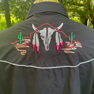 1990's Vintage Western Shirt Black Bull Steer Head Shirt Snaps L/S Sz XL - OOAK - Phoenix Menswear