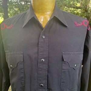 1990's Vintage Western Shirt Black Guitar Embroidered Snaps L/S Sz L - OOAK - Phoenix Menswear