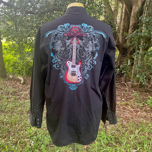 1990's Vintage Western Shirt Black Guitar Embroidered Snaps L/S Sz L - OOAK - Phoenix Menswear